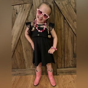 Girls Black Lace-Trim Button-Front Dress